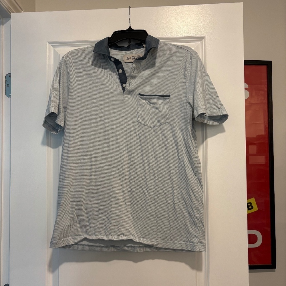 Men's Penguin Chambray Light Blue and White Striped Polo with Navy Collar